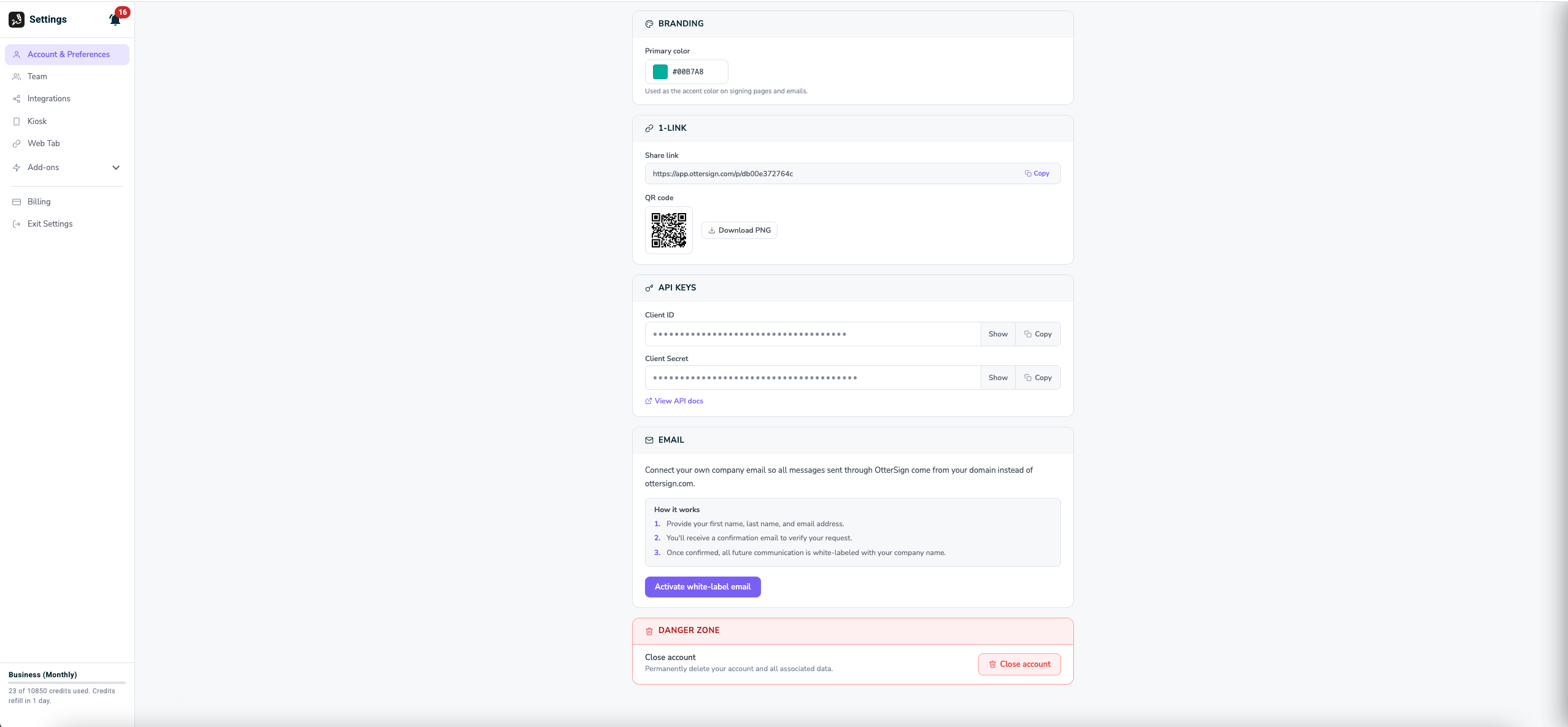 OtterSign API keys on Account and Preferences